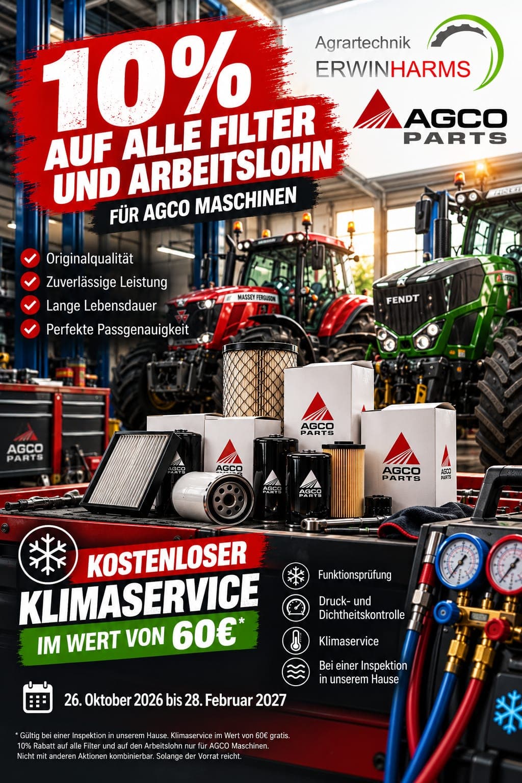Aktionsflyer AGCO Parts: 10 % auf alle Filter und Arbeitslohn für AGCO Maschinen, kostenloser Klimaservice bei einer Inspektion. Symbolbild (KI-generiert)